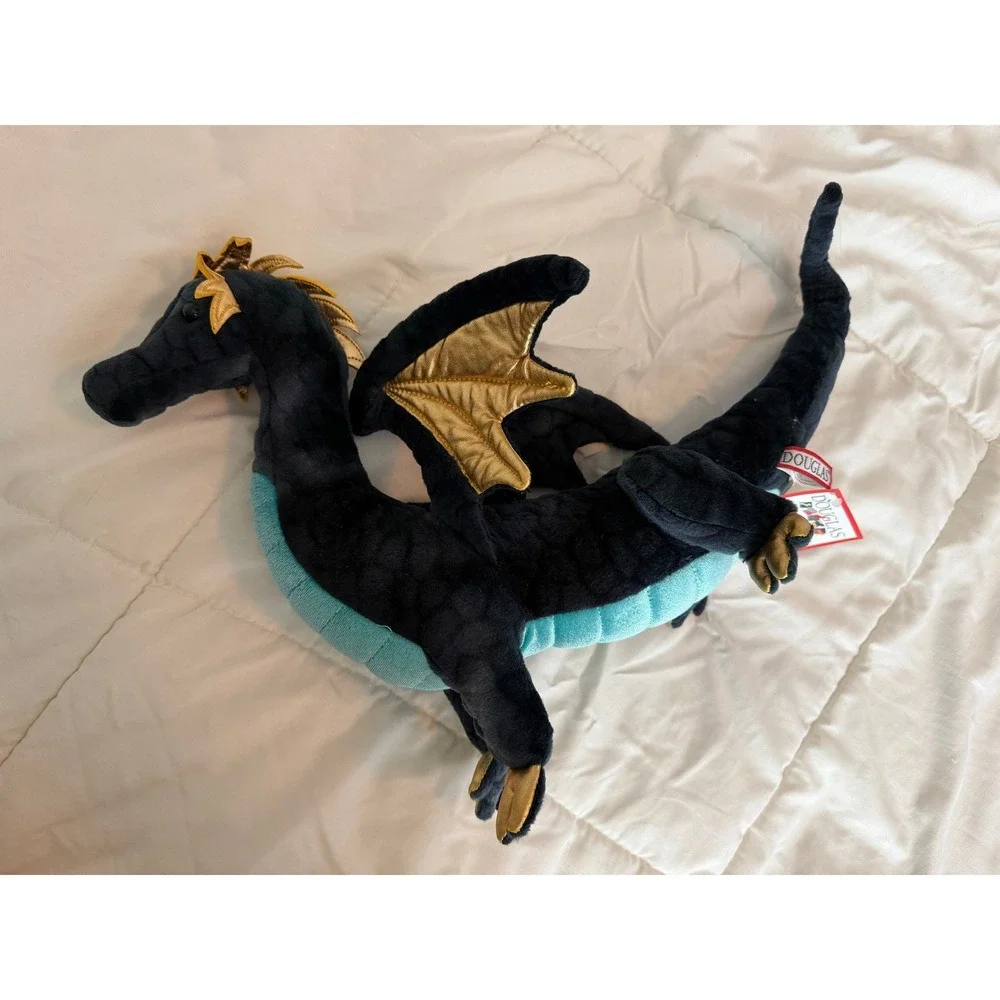 Douglas Dragon Plush Toy Black Turquoise Gold Wings Stuffed Animal NWT